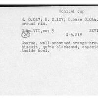 Index card with typed and handwritten information, sometimes including a sketch, of pottery from an excavation.