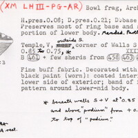 Index card with typed and handwritten information, sometimes including a sketch, of pottery from an excavation.