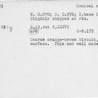 Index card with typed and handwritten information, sometimes including a sketch, of pottery from an excavation.