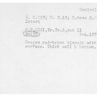 Index card with typed and handwritten information, sometimes including a sketch, of pottery from an excavation.