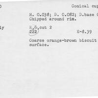 Index card with typed and handwritten information, sometimes including a sketch, of pottery from an excavation.