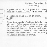 Index card with typed and handwritten information, sometimes including a sketch, of pottery from an excavation.