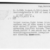 Index card with typed and handwritten information, sometimes including a sketch, of pottery from an excavation.