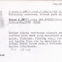 Index card with typed and handwritten information, sometimes including a sketch, of pottery from an excavation.