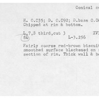 Index card with typed and handwritten information, sometimes including a sketch, of pottery from an excavation.
