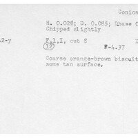 Index card with typed and handwritten information, sometimes including a sketch, of pottery from an excavation.