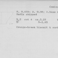 Index card with typed and handwritten information, sometimes including a sketch, of pottery from an excavation.