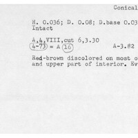 Index card with typed and handwritten information, sometimes including a sketch, of pottery from an excavation.