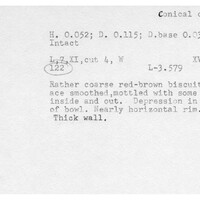 Index card with typed and handwritten information, sometimes including a sketch, of pottery from an excavation.