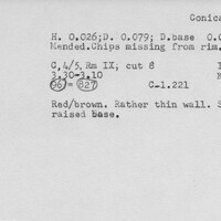 Index card with typed and handwritten information, sometimes including a sketch, of pottery from an excavation.