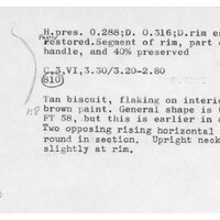 Index card with typed and handwritten information, sometimes including a sketch, of pottery from an excavation.