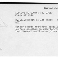 Index card with typed and handwritten information, sometimes including a sketch, of pottery from an excavation.