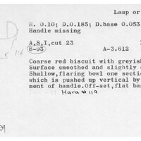 Index card with typed and handwritten information, sometimes including a sketch, of pottery from an excavation.