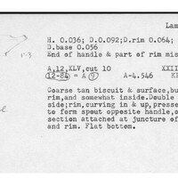 Index card with typed and handwritten information, sometimes including a sketch, of pottery from an excavation.