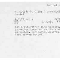Index card with typed and handwritten information, sometimes including a sketch, of pottery from an excavation.