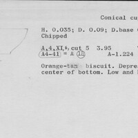 Index card with typed and handwritten information, sometimes including a sketch, of pottery from an excavation.