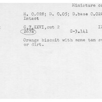 Index card with typed and handwritten information, sometimes including a sketch, of pottery from an excavation.