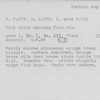 Index card with typed and handwritten information, sometimes including a sketch, of pottery from an excavation.