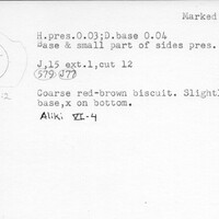 Index card with typed and handwritten information, sometimes including a sketch, of pottery from an excavation.