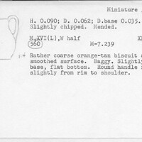 Index card with typed and handwritten information, sometimes including a sketch, of pottery from an excavation.