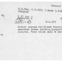 Index card with typed and handwritten information, sometimes including a sketch, of pottery from an excavation.