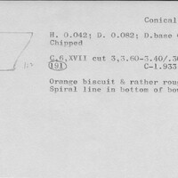 Index card with typed and handwritten information, sometimes including a sketch, of pottery from an excavation.