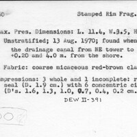 Index card with typed and handwritten information, sometimes including a sketch, of pottery from an excavation.