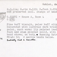 Index card with typed and handwritten information, sometimes including a sketch, of pottery from an excavation.
