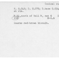 Index card with typed and handwritten information, sometimes including a sketch, of pottery from an excavation.