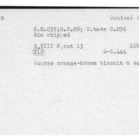 Index card with typed and handwritten information, sometimes including a sketch, of pottery from an excavation.