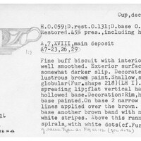 Index card with typed and handwritten information, sometimes including a sketch, of pottery from an excavation.