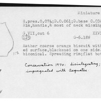 Index card with typed and handwritten information, sometimes including a sketch, of pottery from an excavation.