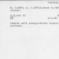 Index card with typed and handwritten information, sometimes including a sketch, of pottery from an excavation.