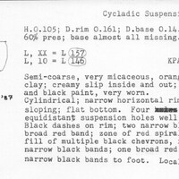 Index card with typed and handwritten information, sometimes including a sketch, of pottery from an excavation.
