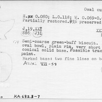 Index card with typed and handwritten information, sometimes including a sketch, of pottery from an excavation.