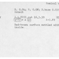 Index card with typed and handwritten information, sometimes including a sketch, of pottery from an excavation.