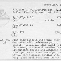Index card with typed and handwritten information, sometimes including a sketch, of pottery from an excavation.