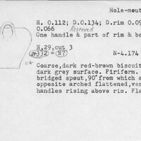 Index card with typed and handwritten information, sometimes including a sketch, of pottery from an excavation.