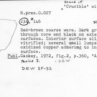 Index card with typed and handwritten information, sometimes including a sketch, of pottery from an excavation.