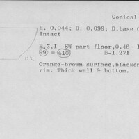 Index card with typed and handwritten information, sometimes including a sketch, of pottery from an excavation.