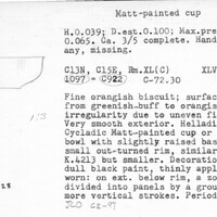 Index card with typed and handwritten information, sometimes including a sketch, of pottery from an excavation.