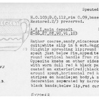 Index card with typed and handwritten information, sometimes including a sketch, of pottery from an excavation.