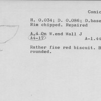 Index card with typed and handwritten information, sometimes including a sketch, of pottery from an excavation.