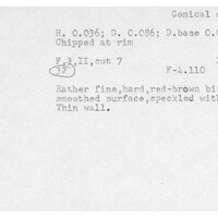 Index card with typed and handwritten information, sometimes including a sketch, of pottery from an excavation.