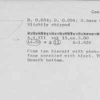 Index card with typed and handwritten information, sometimes including a sketch, of pottery from an excavation.