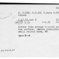 Index card with typed and handwritten information, sometimes including a sketch, of pottery from an excavation.