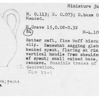 Index card with typed and handwritten information, sometimes including a sketch, of pottery from an excavation.