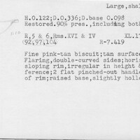 Index card with typed and handwritten information, sometimes including a sketch, of pottery from an excavation.