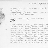 Index card with typed and handwritten information, sometimes including a sketch, of pottery from an excavation.