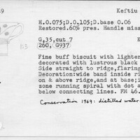Index card with typed and handwritten information, sometimes including a sketch, of pottery from an excavation.